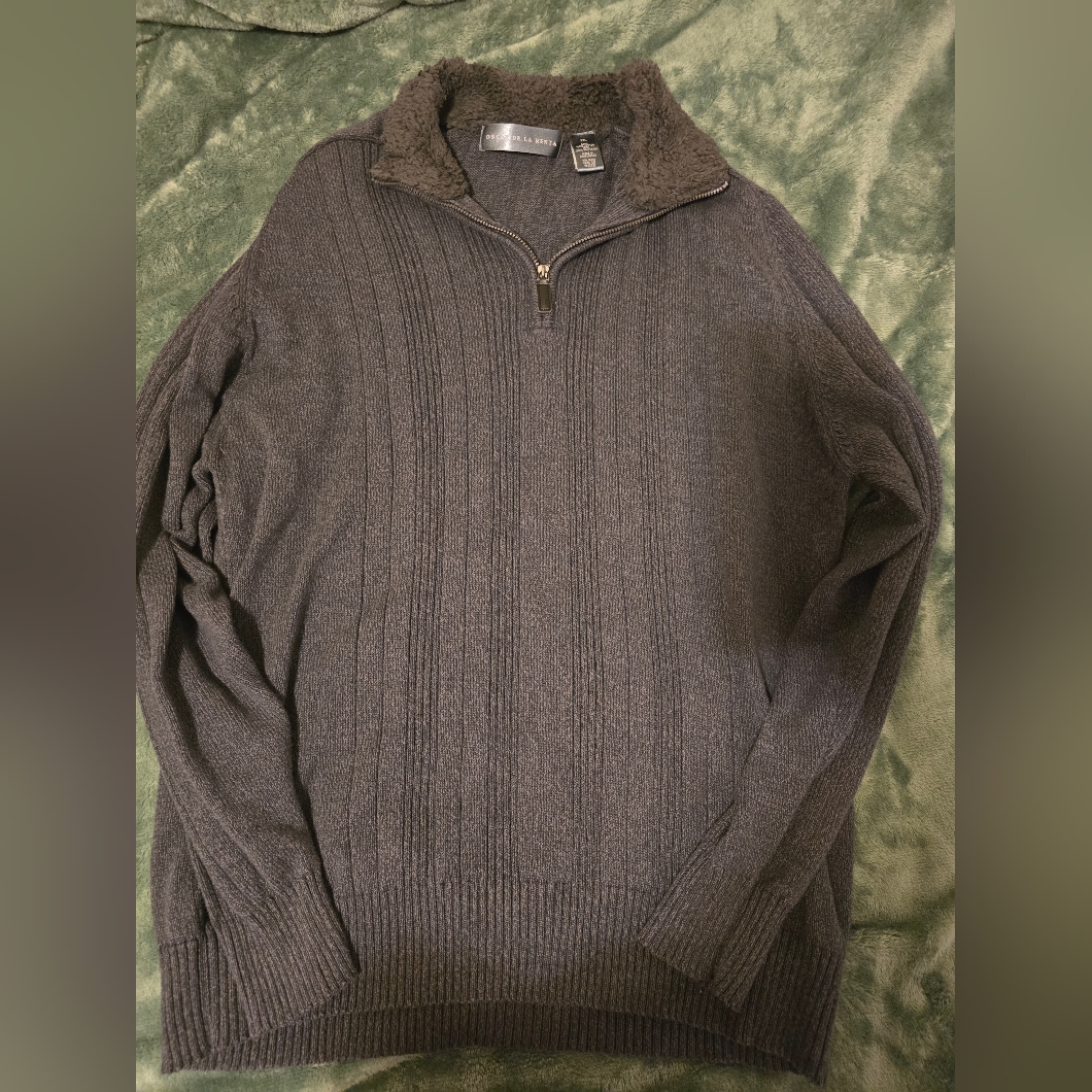 Oscar De La Renta Menâs Charcoal Zip-Up Sweater With Sherpa Collar Xxl